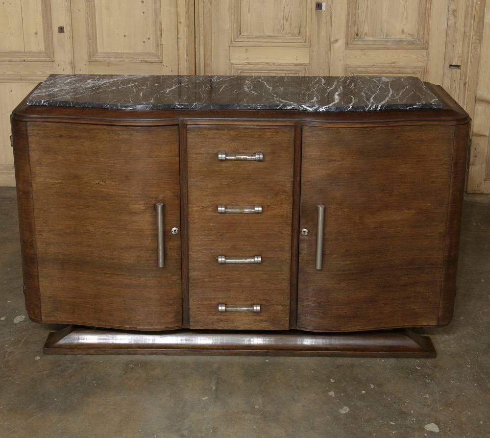French Art Deco Walnut Marble-Top Buffet with Original Lucite, Nickel Hardware In Excellent Condition In Dallas, TX