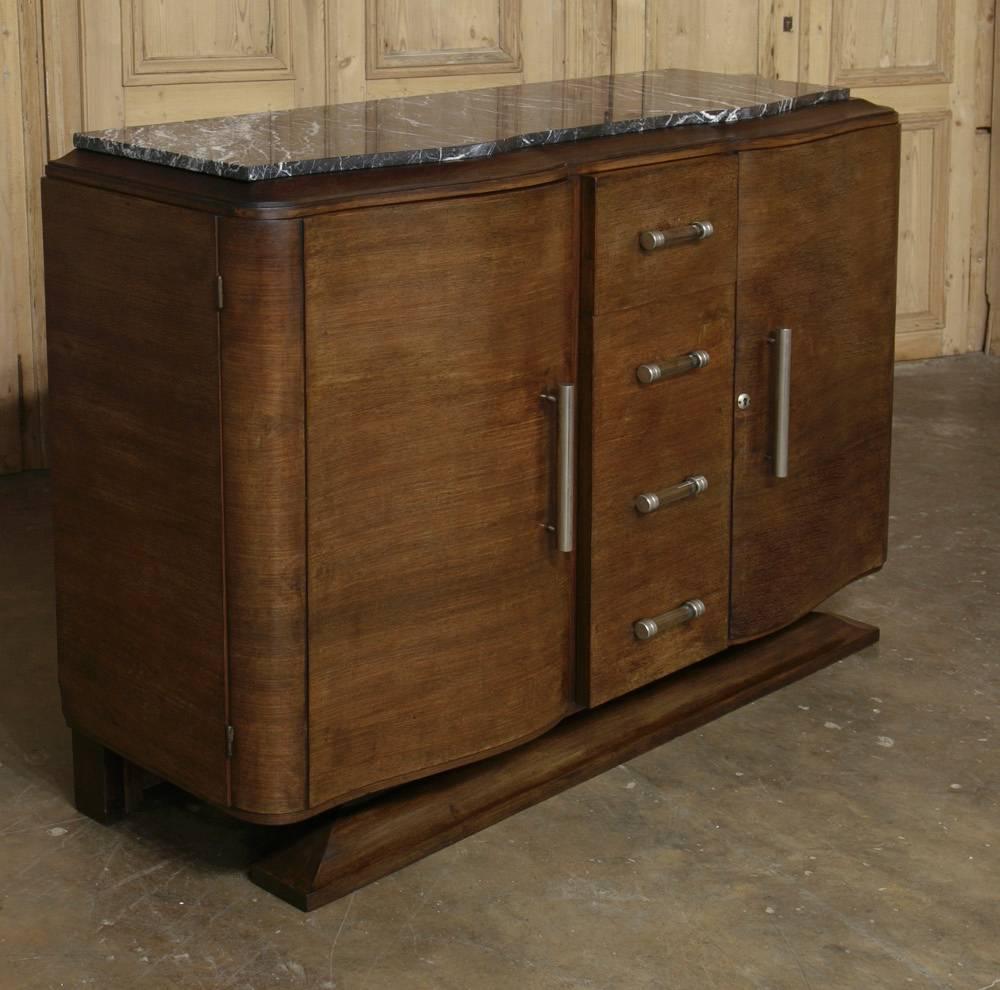 Mid-20th Century French Art Deco Walnut Marble-Top Buffet with Original Lucite, Nickel Hardware