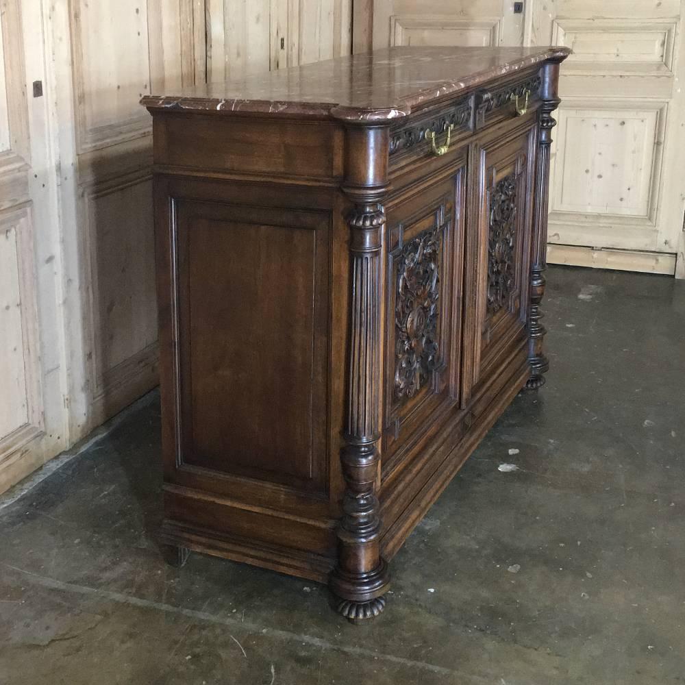 19th Century French Louis XIV Hand-Carved Walnut Marble-Top Buffet In Excellent Condition In Dallas, TX