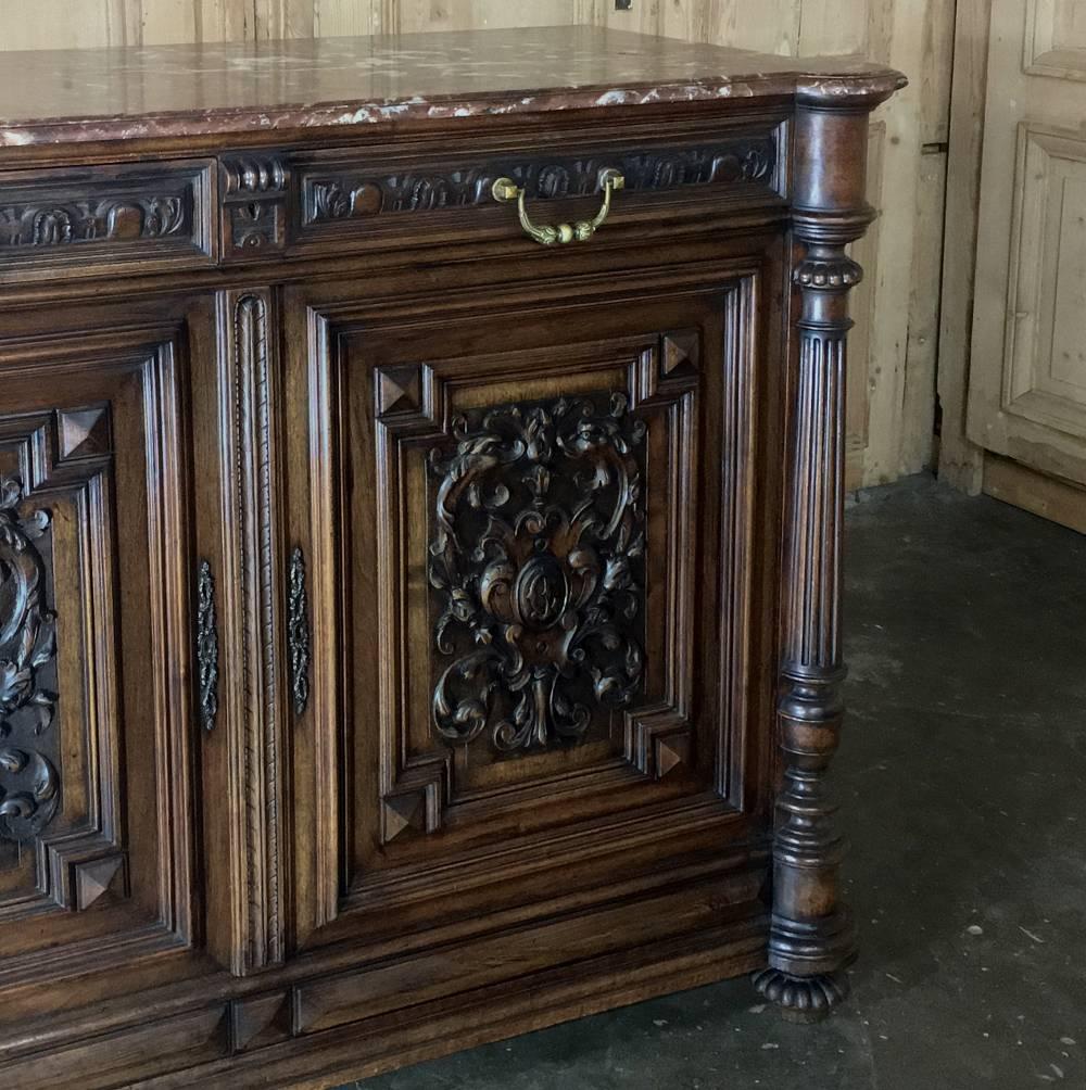19th Century French Louis XIV Hand-Carved Walnut Marble-Top Buffet 1