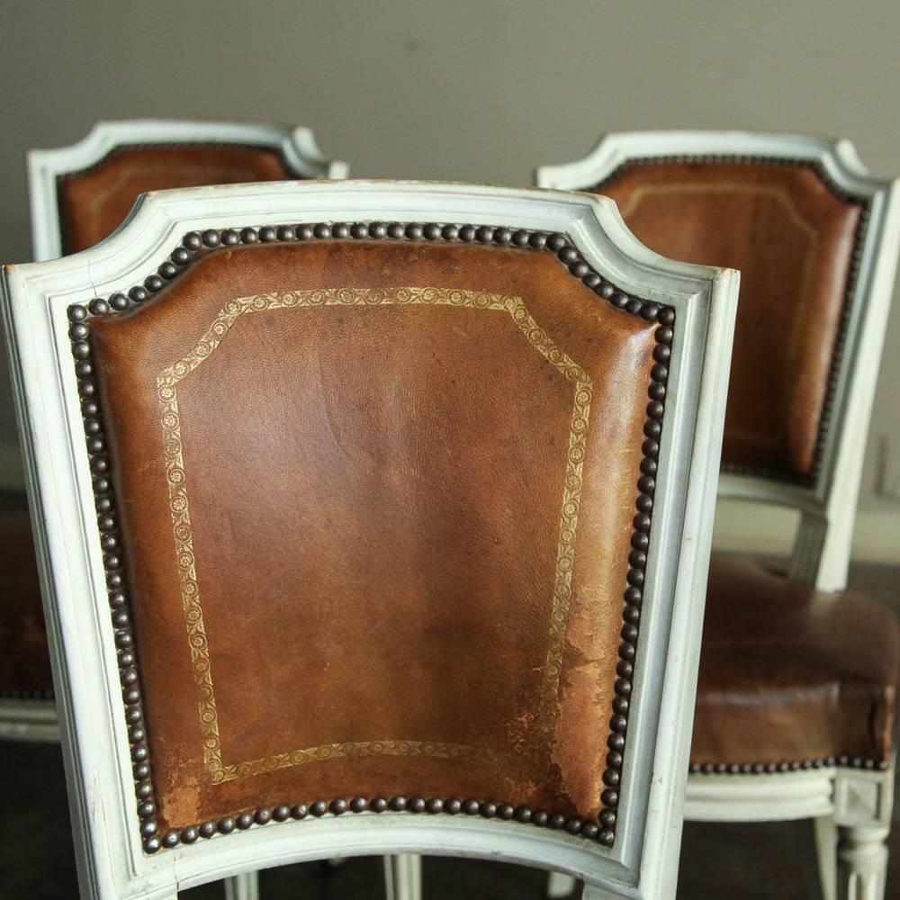 Set of Six 19th Century French Louis XVI Neoclassical Painted Leather Chairs In Excellent Condition In Dallas, TX