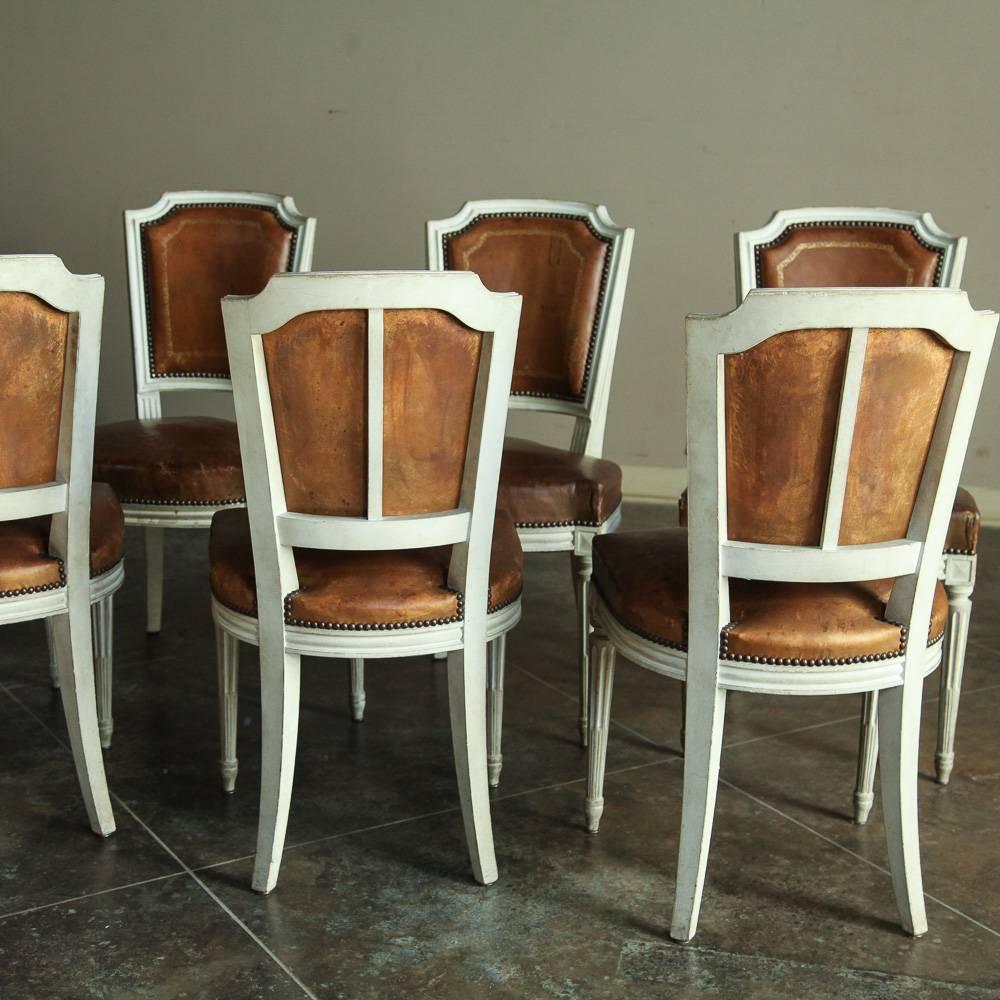 Set of Six 19th Century French Louis XVI Neoclassical Painted Leather Chairs 4