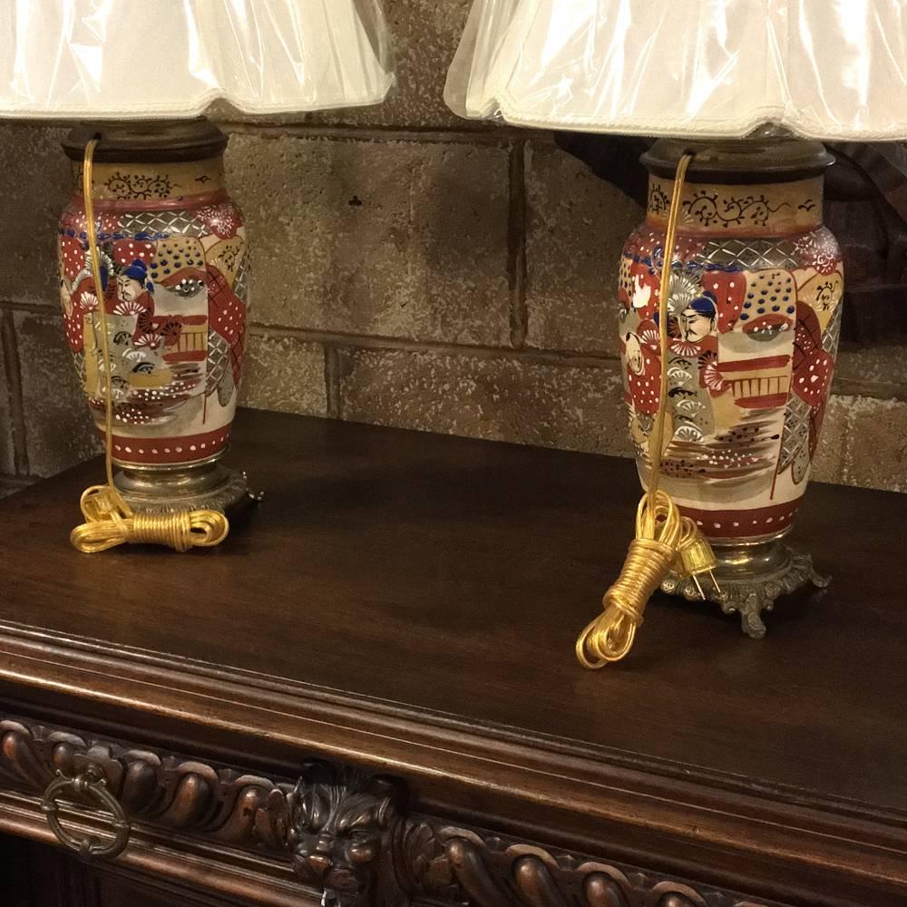 Pair of 19th Century Satsuma Electrified Table Lamps with Silk Shades In Excellent Condition In Dallas, TX