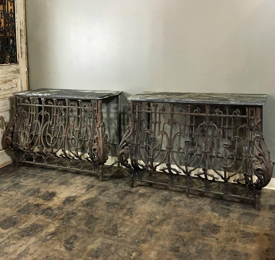 Pair of 19th Century Marble-Top Hand-Forged Wrought Iron French Consoles 4