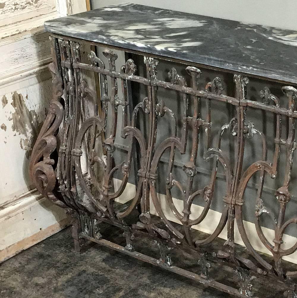 Hand-Crafted Pair of 19th Century Marble-Top Hand-Forged Wrought Iron French Consoles