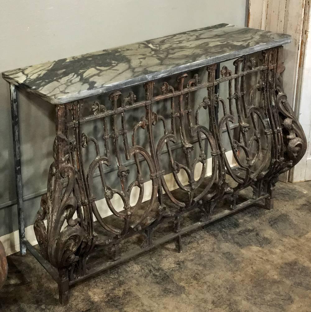 Pair of 19th Century Marble-Top Hand-Forged Wrought Iron French Consoles In Excellent Condition In Dallas, TX
