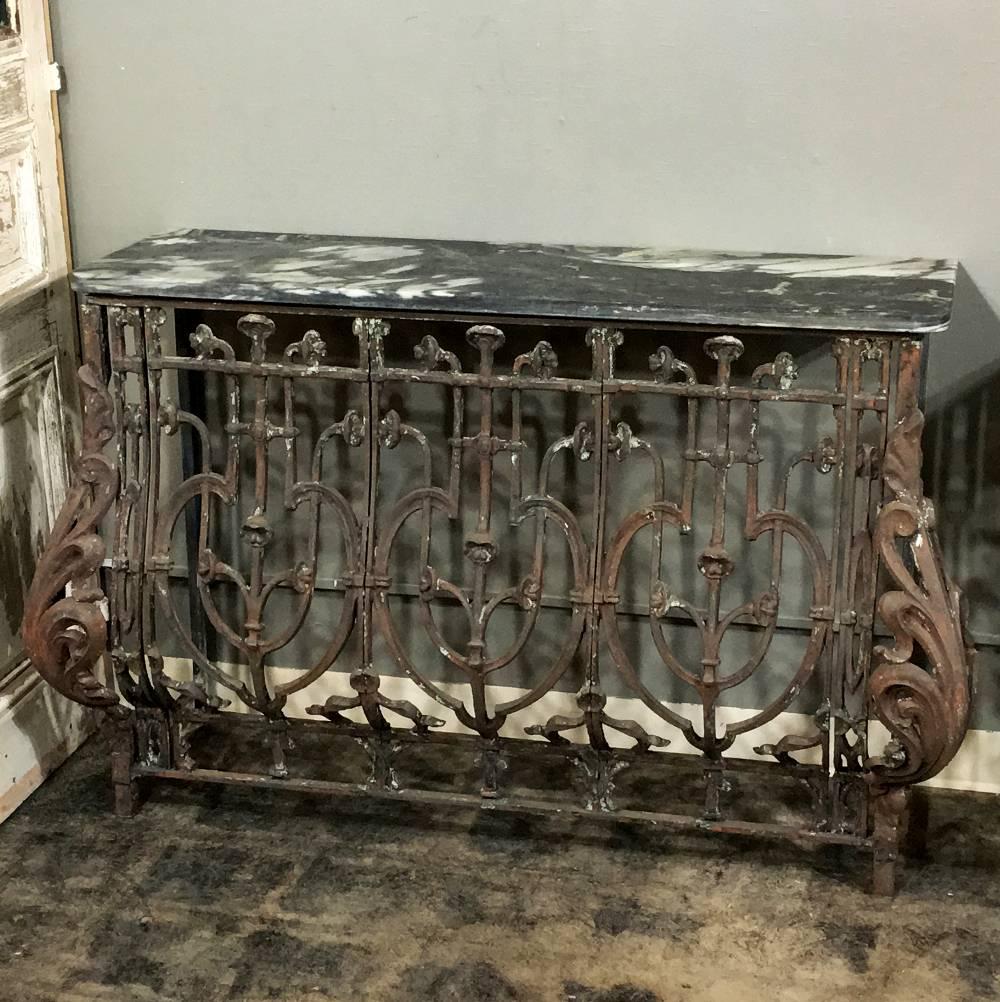 Mid-19th Century Pair of 19th Century Marble-Top Hand-Forged Wrought Iron French Consoles