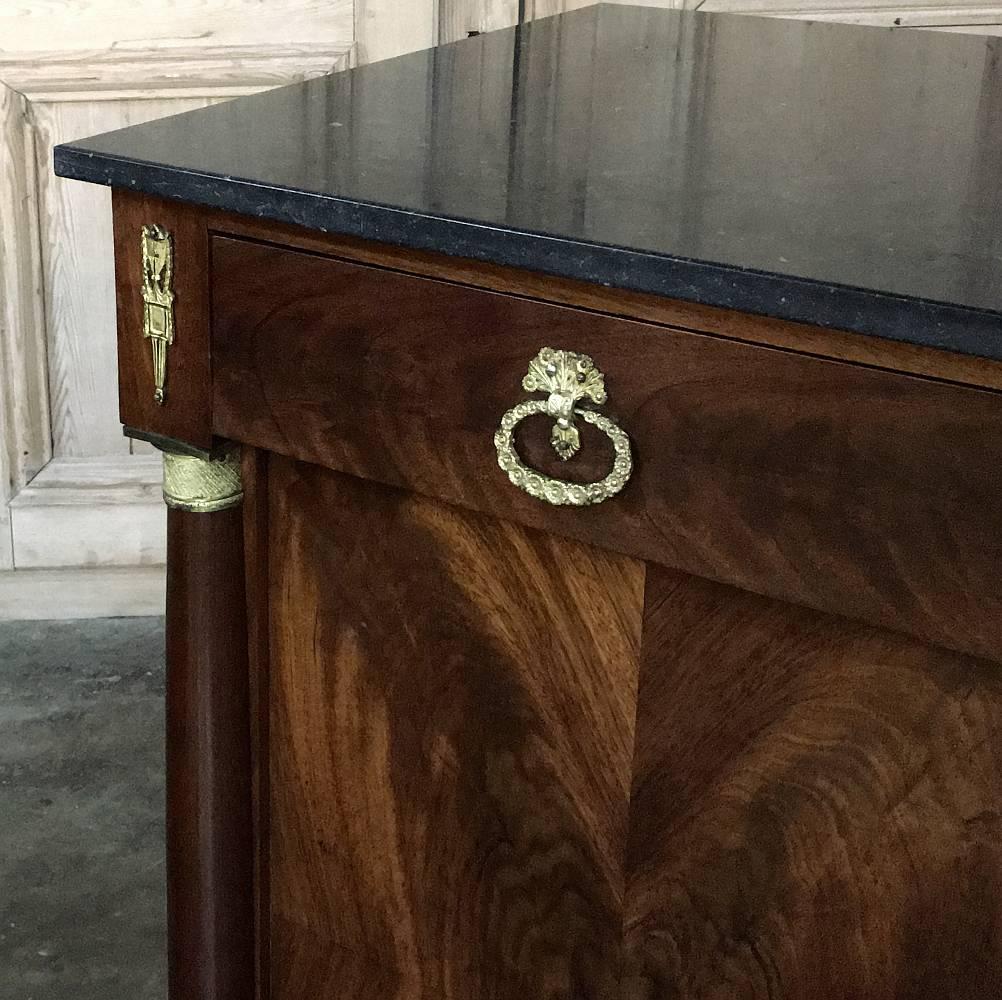 Mid-19th Century Pair of 19th Century French Empire Marble-Top Flame Mahogany Buffets w/ Bronze