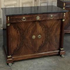 Pair of 19th Century French Empire Marble-Top Flame Mahogany Buffets w/ Bronze