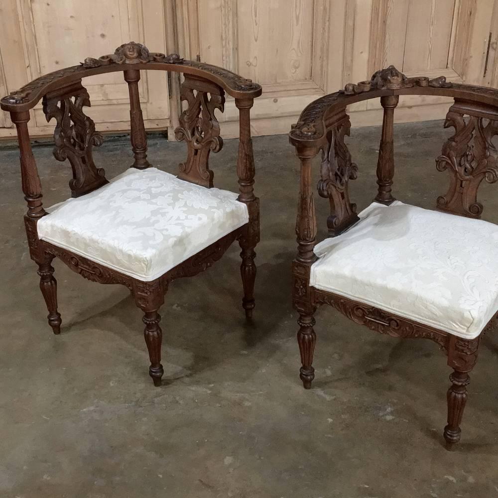 Renaissance Revival 2 -19th Century Italian Renaissance Hand-Carved Walnut Upholstered Corner Chairs