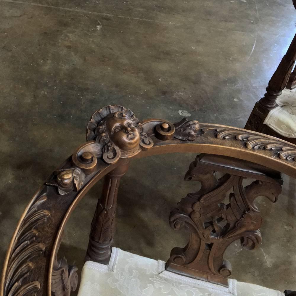 2 -19th Century Italian Renaissance Hand-Carved Walnut Upholstered Corner Chairs In Excellent Condition In Dallas, TX