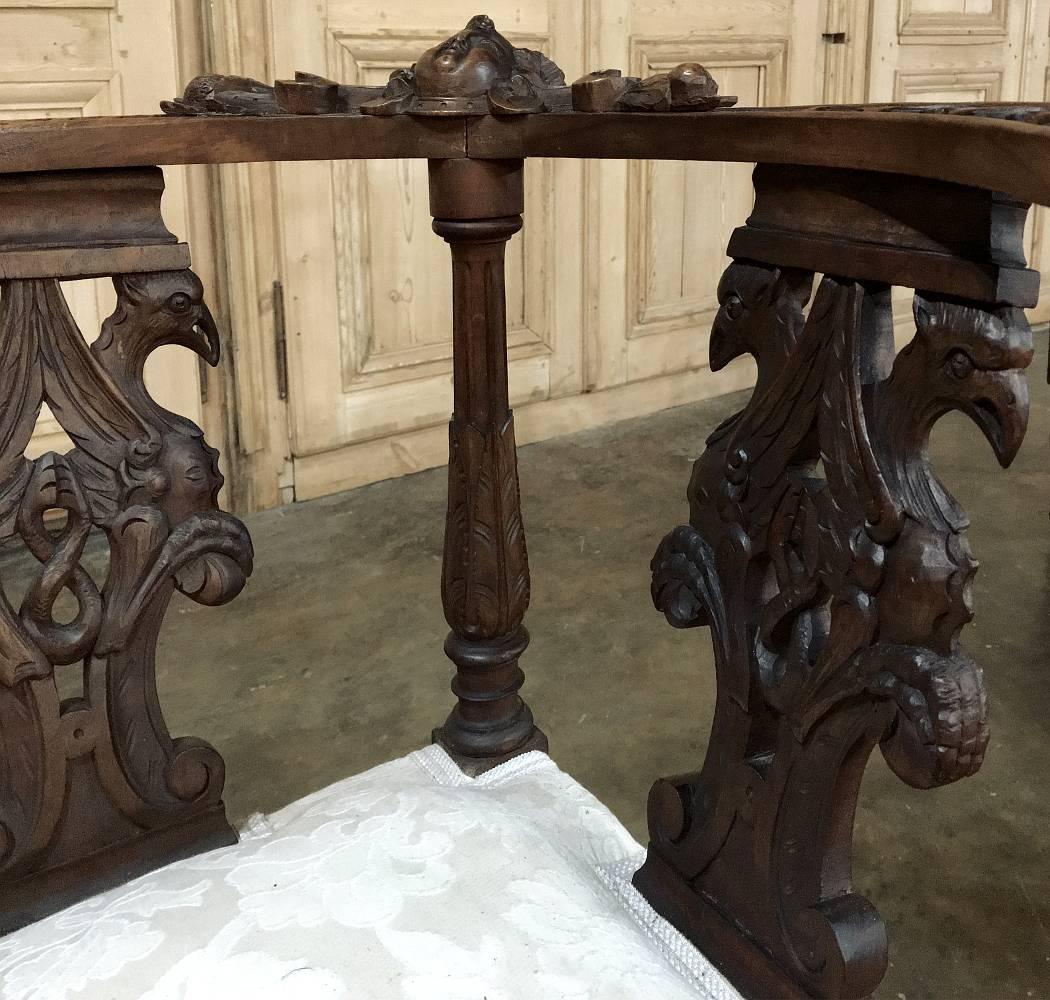 Late 19th Century 2 -19th Century Italian Renaissance Hand-Carved Walnut Upholstered Corner Chairs