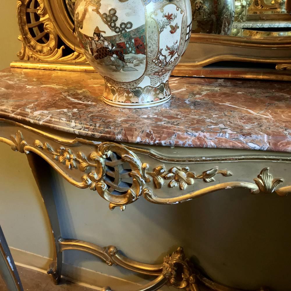 19th Century Italian Rococo Hand-Painted Marble Top Giltwood Console with Mirror 1
