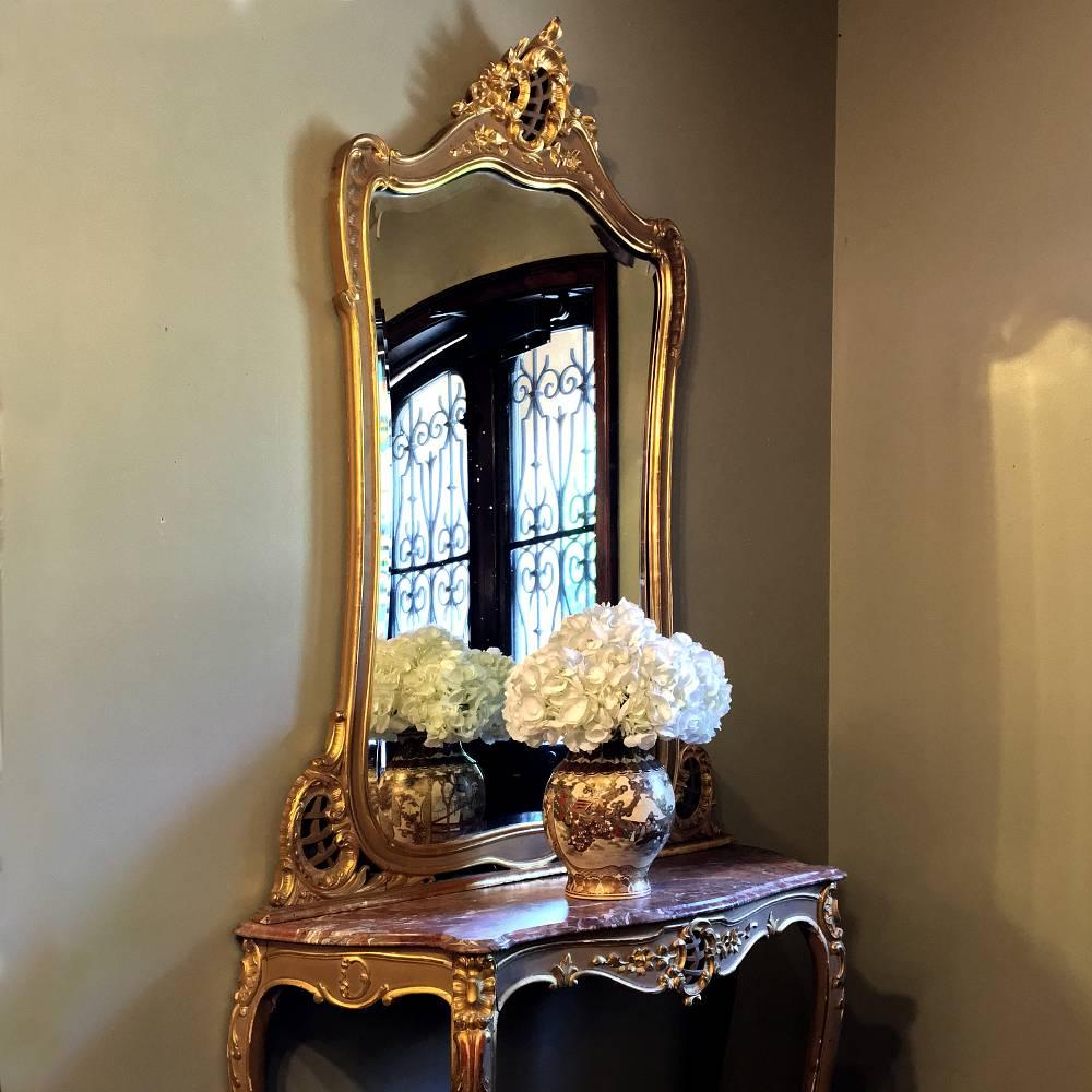 Rococo Revival 19th Century Italian Rococo Hand-Painted Marble Top Giltwood Console with Mirror