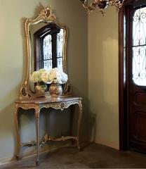 19th Century Italian Rococo Hand-Painted Marble Top Giltwood Console with Mirror