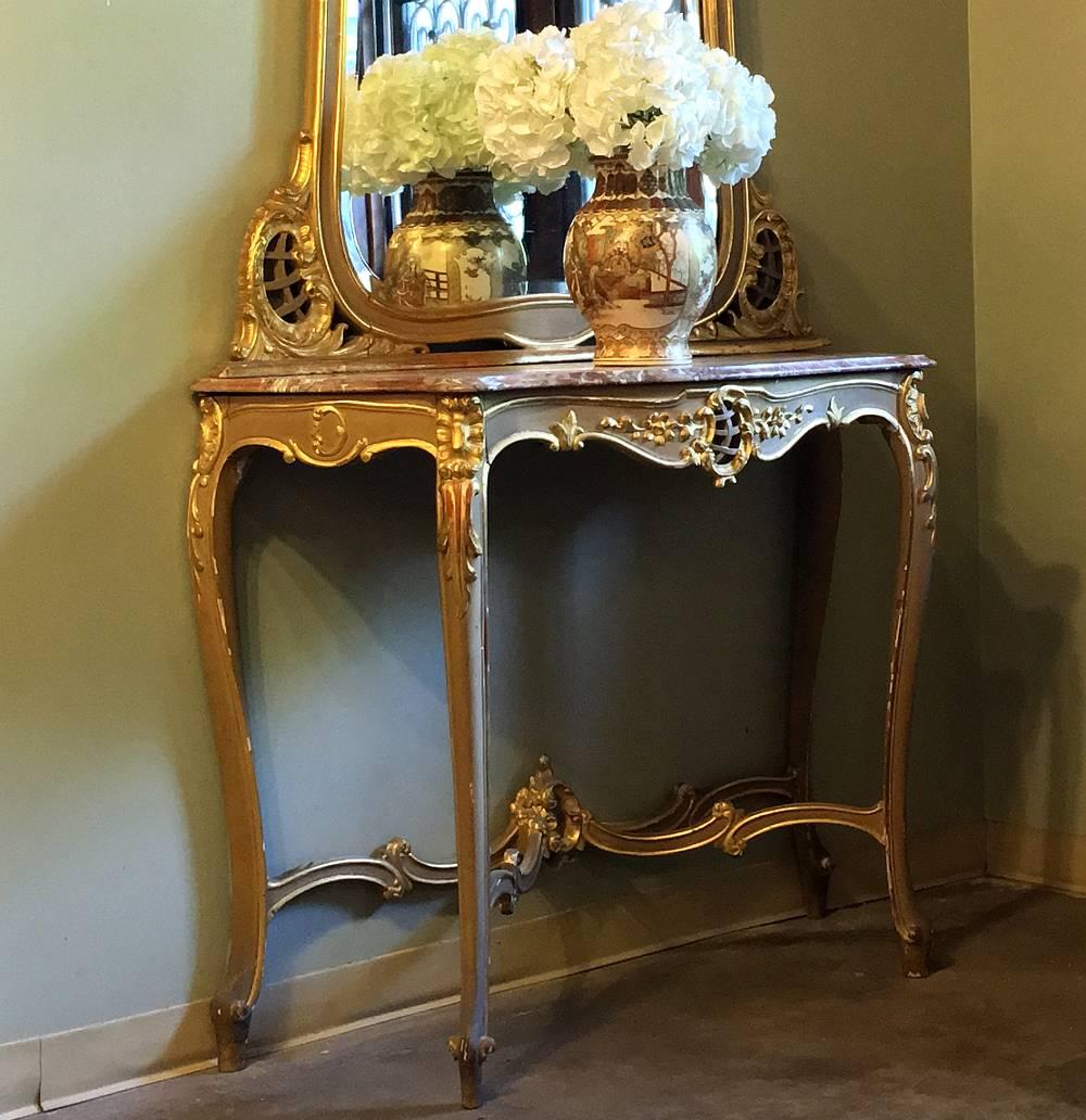 Beveled 19th Century Italian Rococo Hand-Painted Marble Top Giltwood Console with Mirror