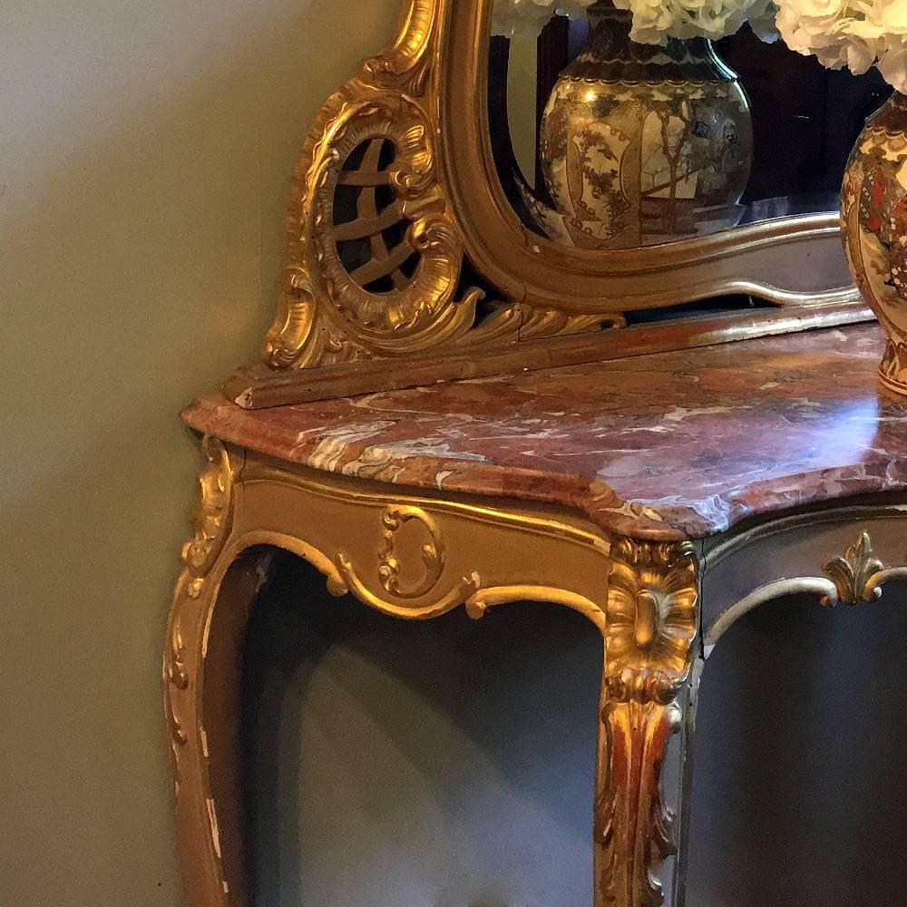 19th Century Italian Rococo Hand-Painted Marble Top Giltwood Console with Mirror In Excellent Condition In Dallas, TX