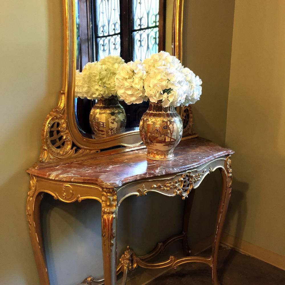 Late 19th Century 19th Century Italian Rococo Hand-Painted Marble Top Giltwood Console with Mirror