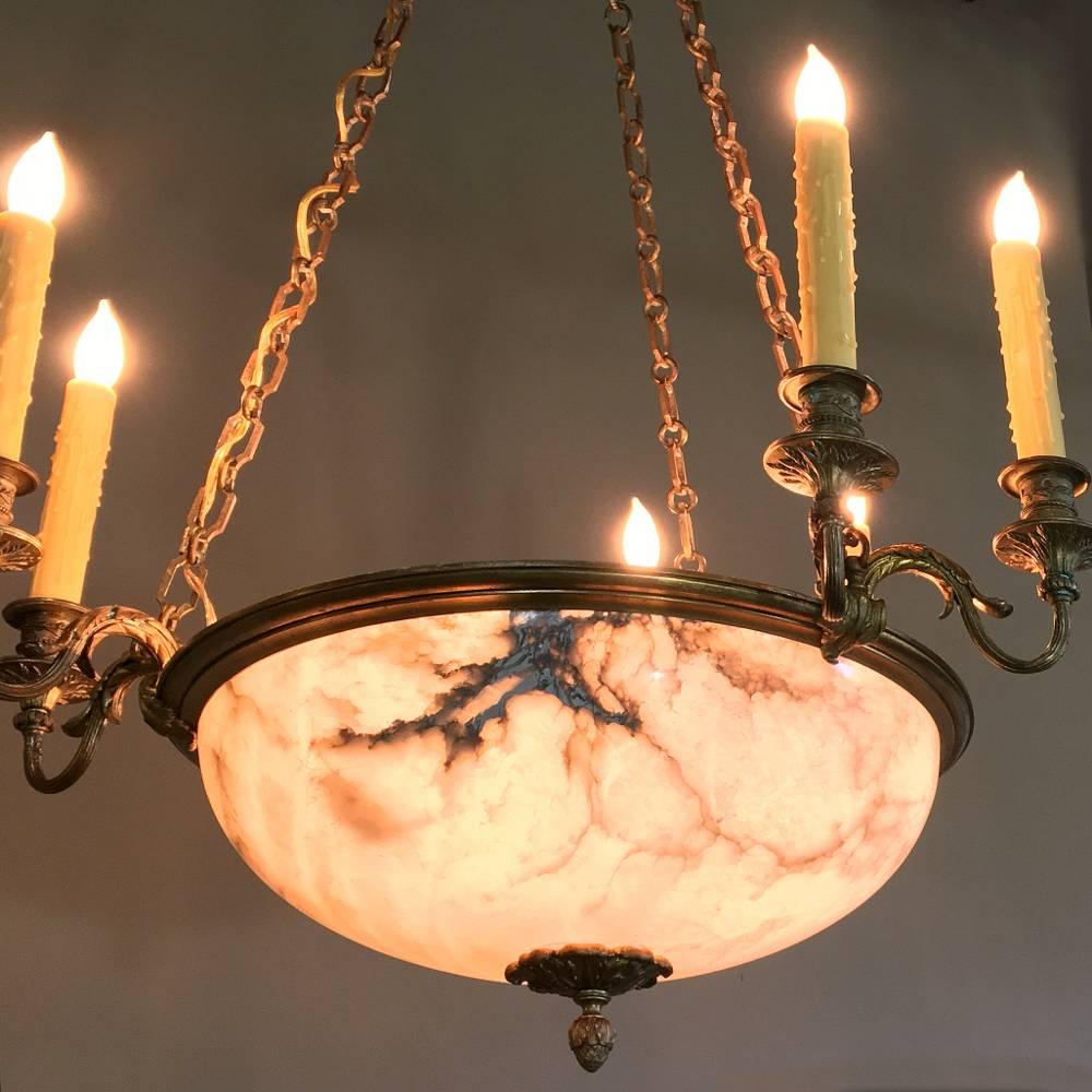 Hand-Crafted Antique French Louis XVI Neoclassical Bronze and Alabaster Chandelier