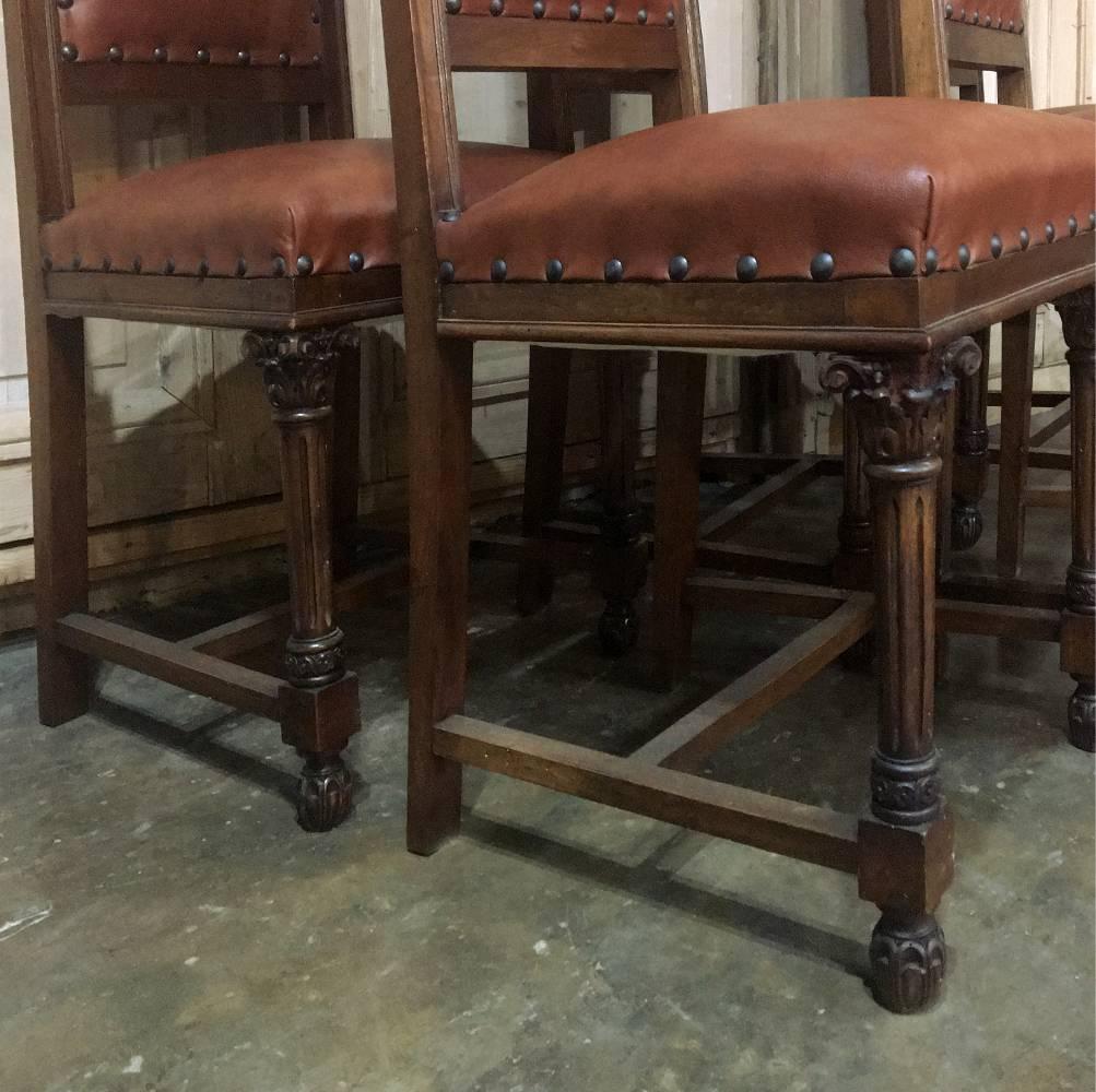 Set of Twelve Italian Neoclassical Hand-Carved Walnut Chairs with Leather In Excellent Condition In Dallas, TX