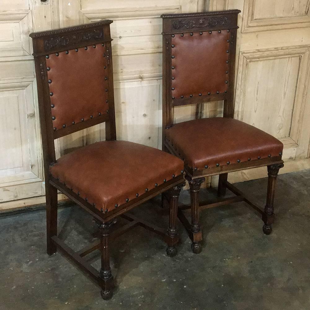 Set of Twelve Italian Neoclassical Hand-Carved Walnut Chairs with Leather 2