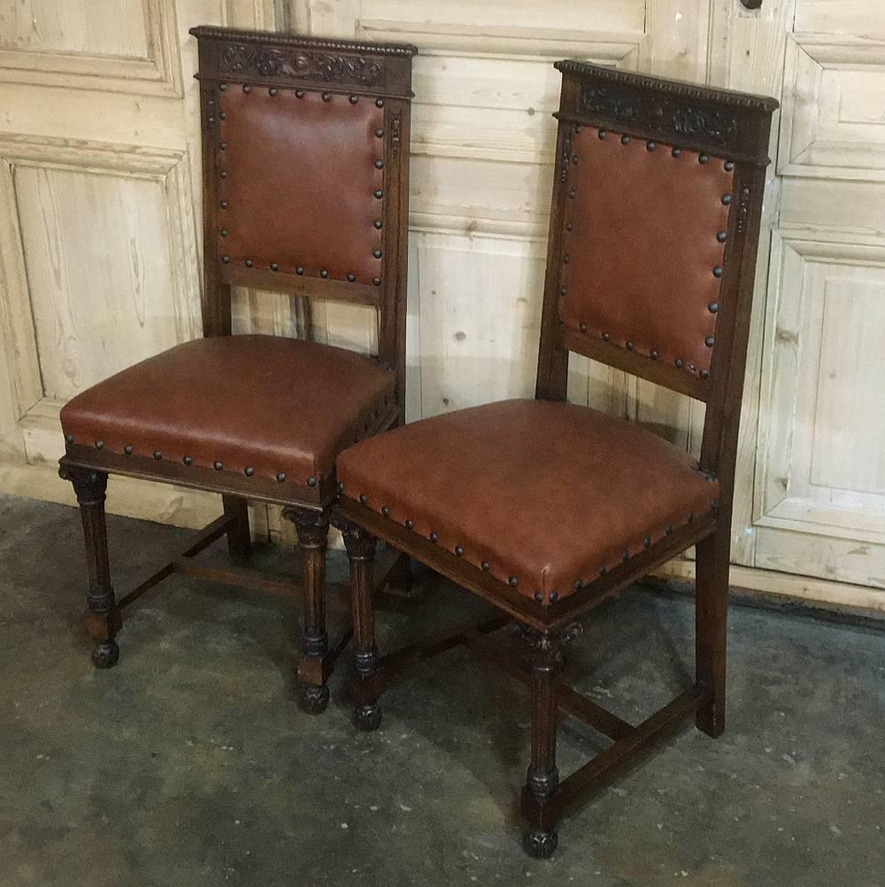 Set of Twelve Italian Neoclassical Hand-Carved Walnut Chairs with Leather 1