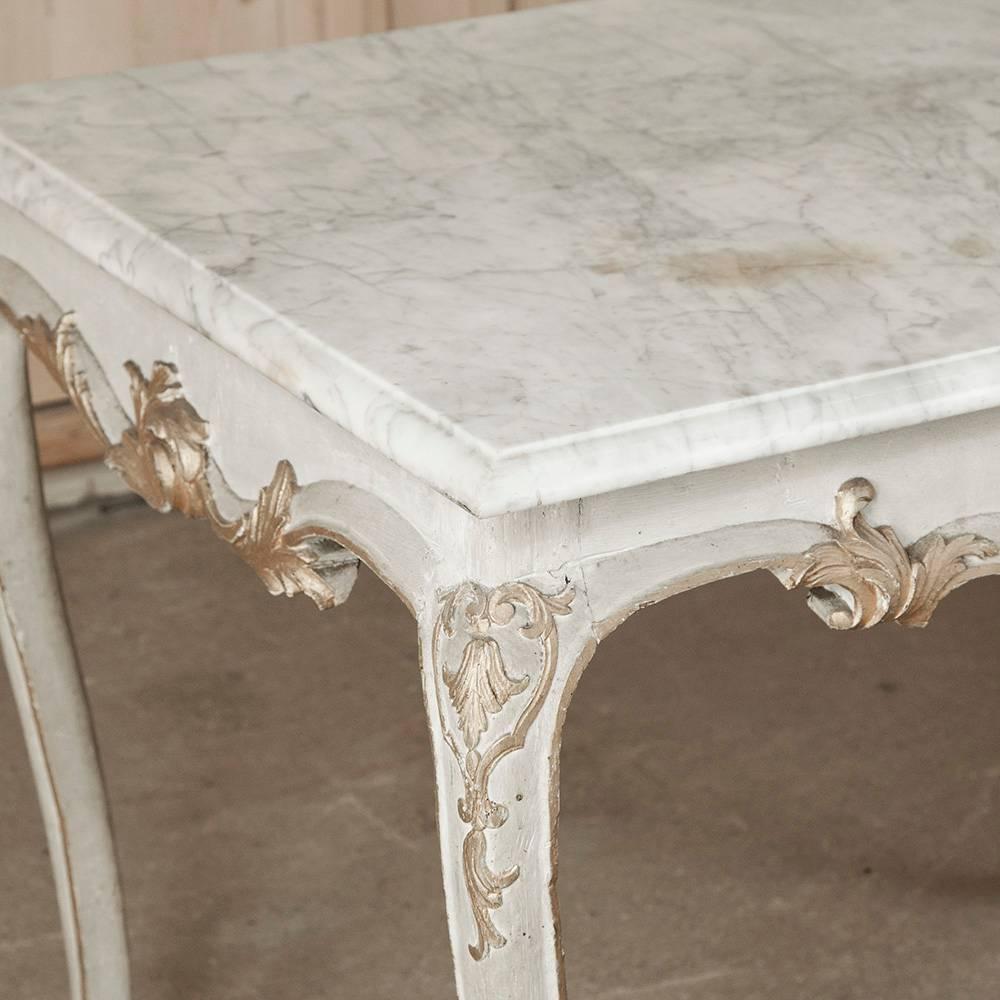 Louis XV 18th Century French Painted and Gilded Carrera Marble Top Table, Circa 1760. For Sale