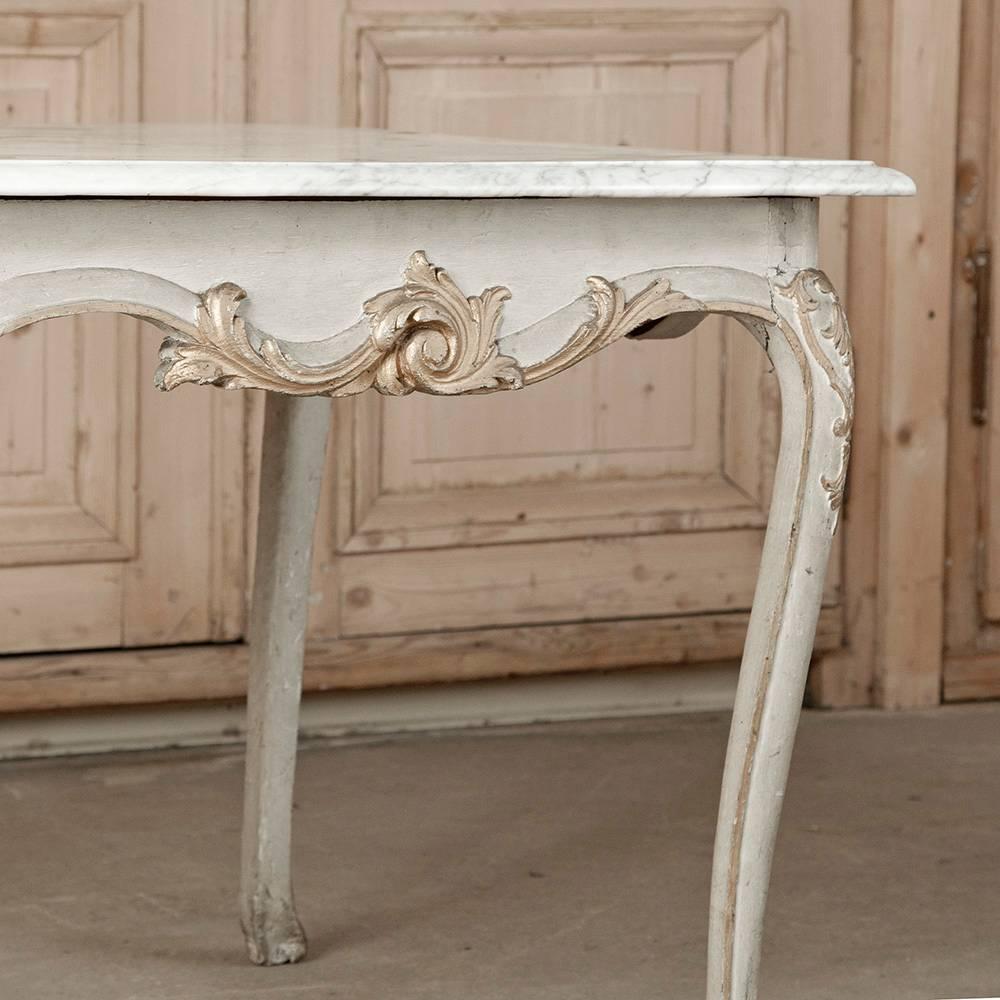 Hand-Carved 18th Century French Painted and Gilded Carrera Marble Top Table, Circa 1760. For Sale