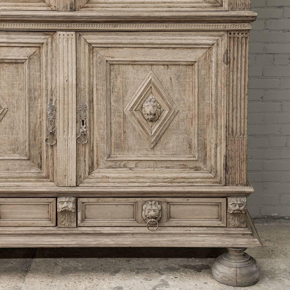 Hand-Carved Grand 17th Century French Renaissance Chateaux Stripped Oak Four Door Armoire