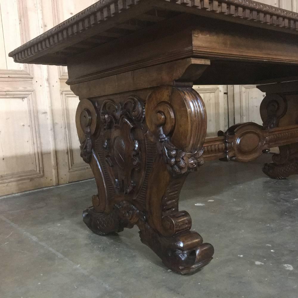 Hand-Crafted Antique Italian Hand-Carved Walnut Baroque Desk Table w/ Foliates & Dolphins