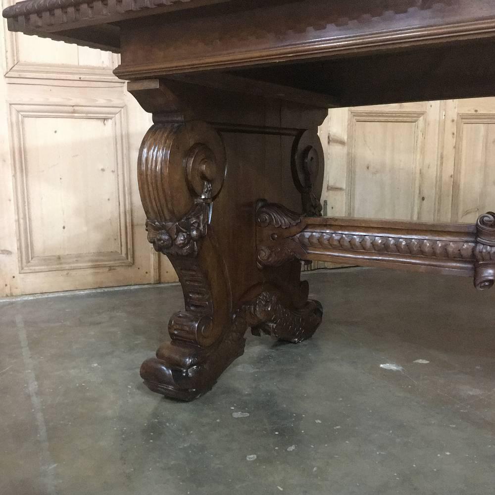 Antique Italian Hand-Carved Walnut Baroque Desk Table w/ Foliates & Dolphins In Excellent Condition In Dallas, TX