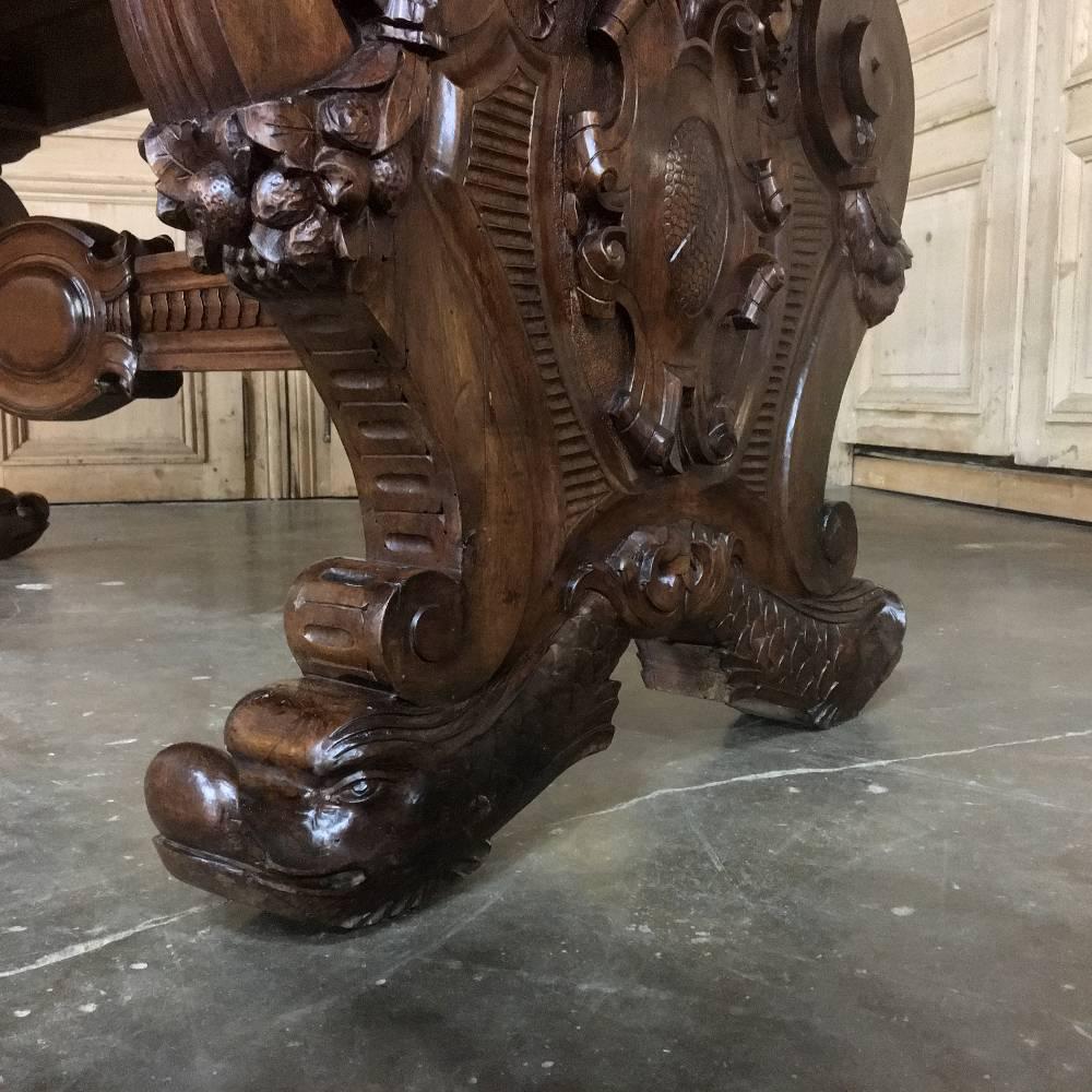 Antique Italian Hand-Carved Walnut Baroque Desk Table w/ Foliates & Dolphins 1
