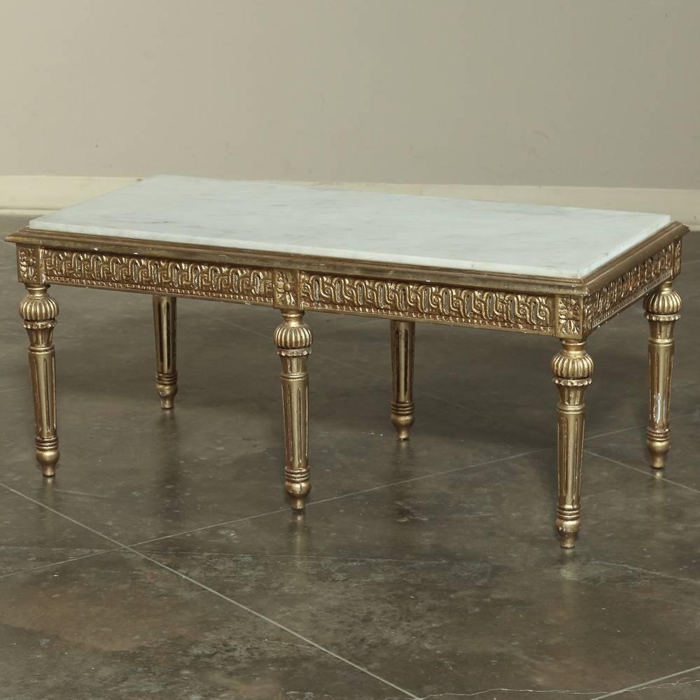 Hand-Carved Italian Neoclassical Giltwood Marble-Top Coffee Table, circa 1930