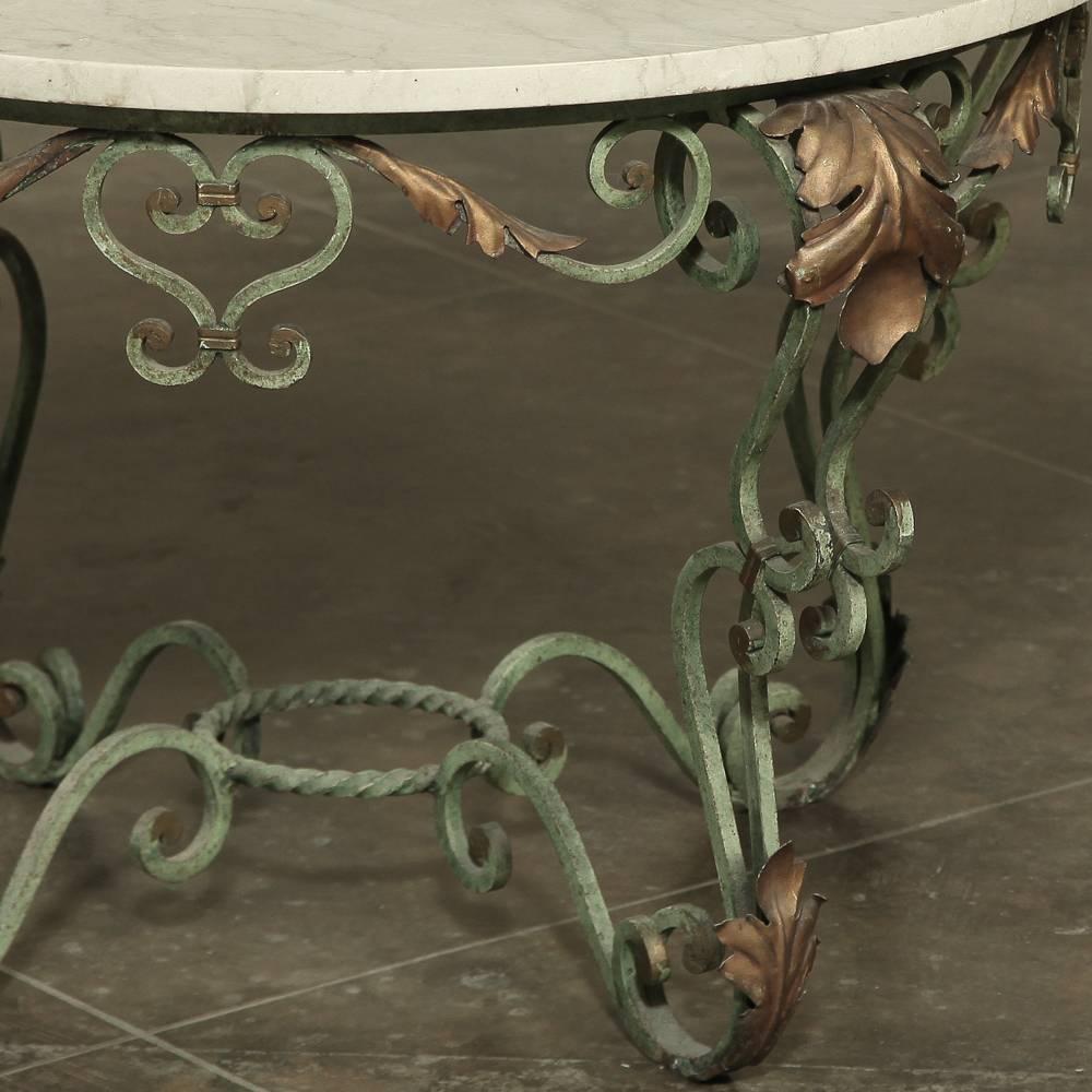 Baroque Antique Italian Hand-Painted Wrought Iron and Cararra Marble Coffee Table