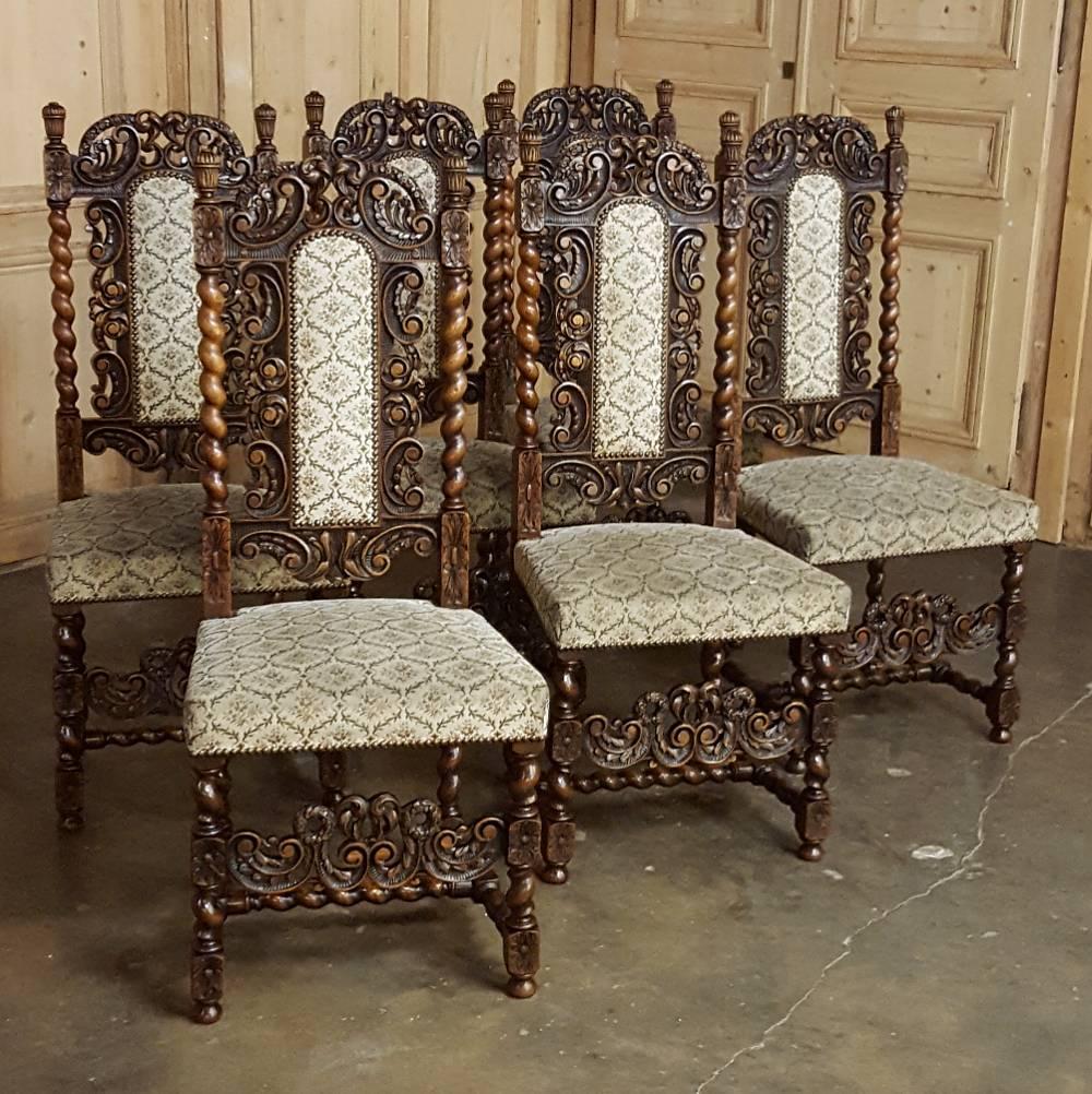 This set of six 19th century Renaissance dining chairs feature a splendid display of the woodcarver's art, with sculpted frameworks, clockwise and counter-clockwise barley twist columns and stretchers, and an apron and crown that have been