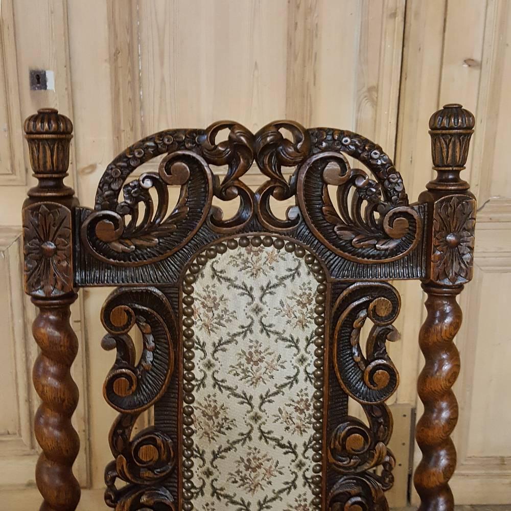 Hand-Carved Set of Six 19th Century Renaissance Pierce-Carved Barley Twist Dining Chairs