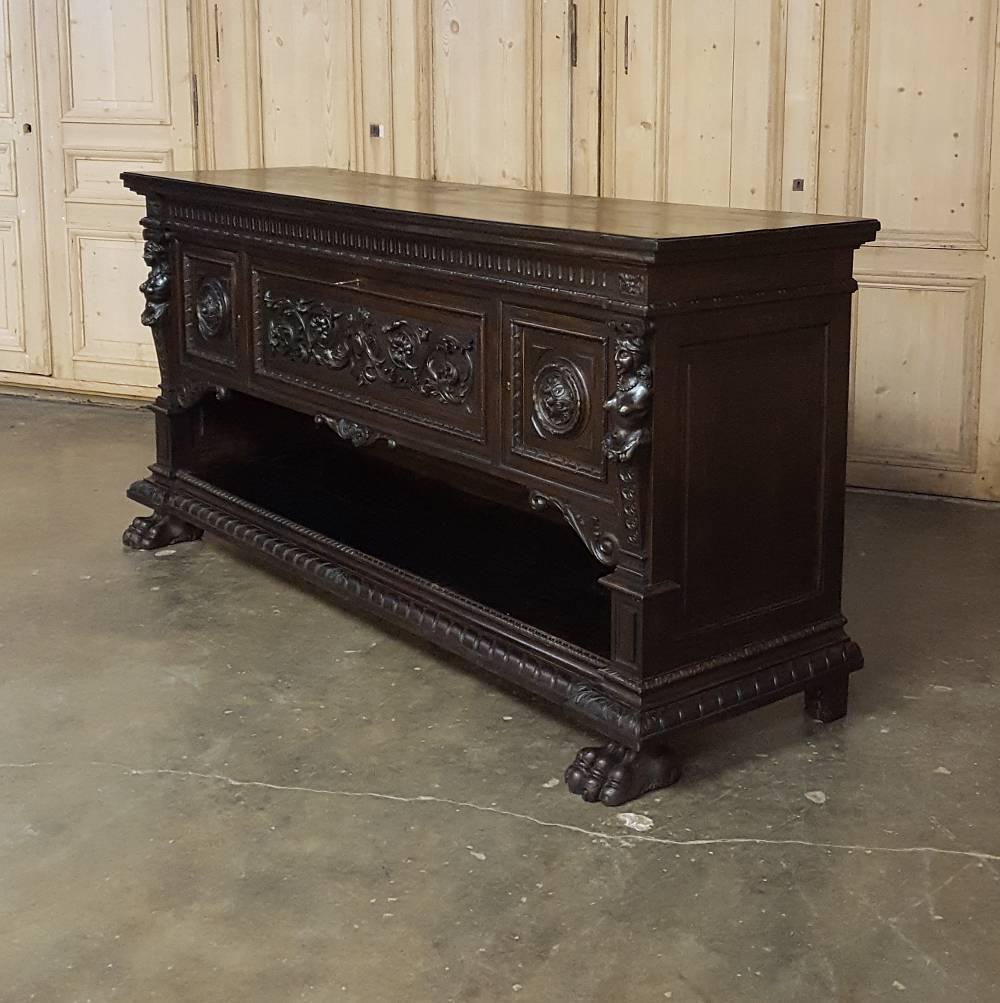 Renaissance Revival Antique Italian Renaissance Hand-Carved Walnut Buffet with Display Shelf