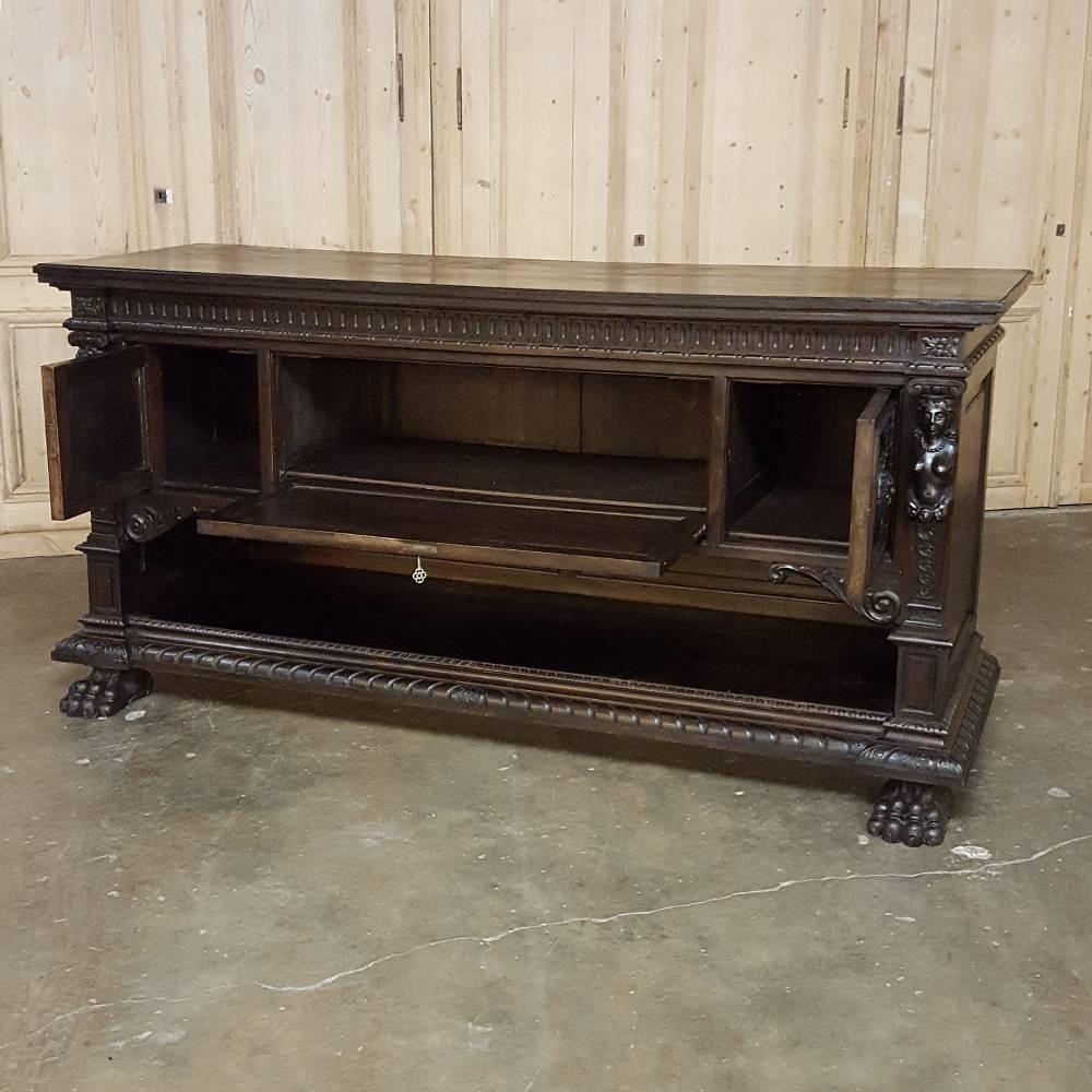 20th Century Antique Italian Renaissance Hand-Carved Walnut Buffet with Display Shelf