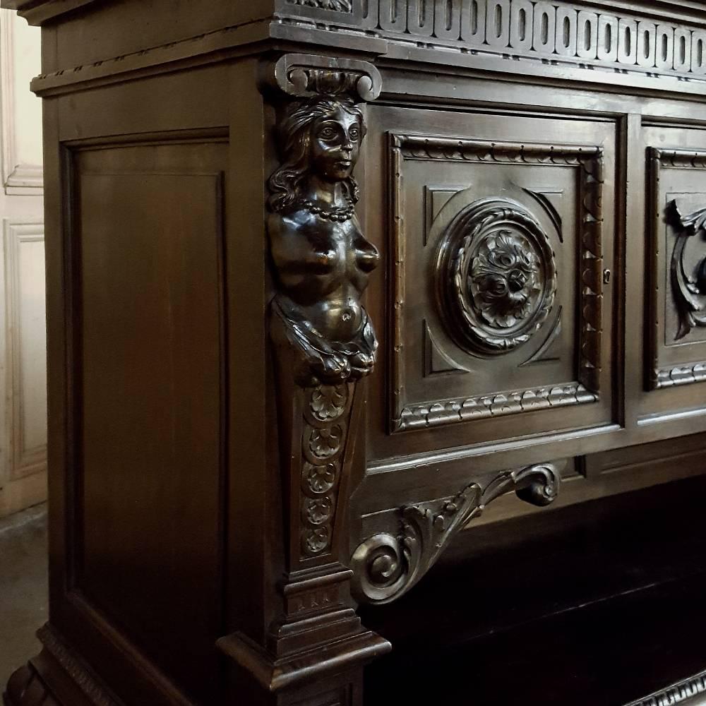 Antique Italian Renaissance Hand-Carved Walnut Buffet with Display Shelf 1