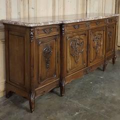 Antique French Regence Hand-Carved Walnut Marble Top Step-Front Buffet