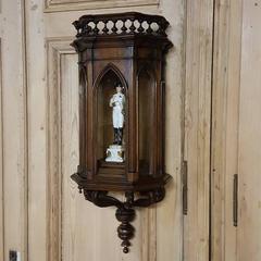 19th Century French Gothic Walnut Wall Vitrine~Curio Cabinet with Sconce Support