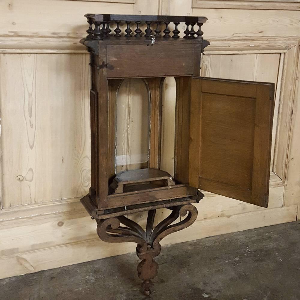Hand-Carved 19th Century French Gothic Walnut Wall Vitrine~Curio Cabinet with Sconce Support