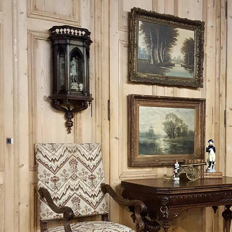 19th Century French Gothic Walnut Wall Vitrine Curio Cabinet With Hand Carved 19th Century French Gothic Walnut Wall Vitrine Curio Cabinet With Sconce Support