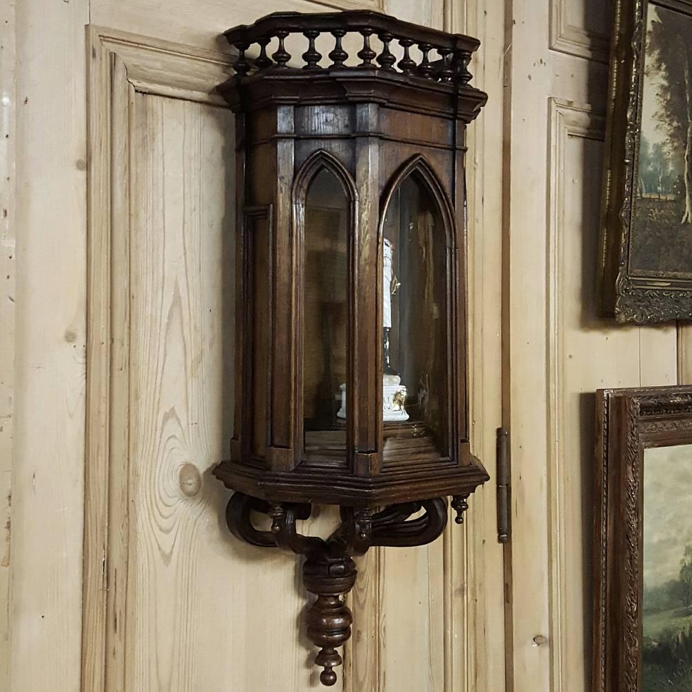 Mid-19th Century 19th Century French Gothic Walnut Wall Vitrine~Curio Cabinet with Sconce Support
