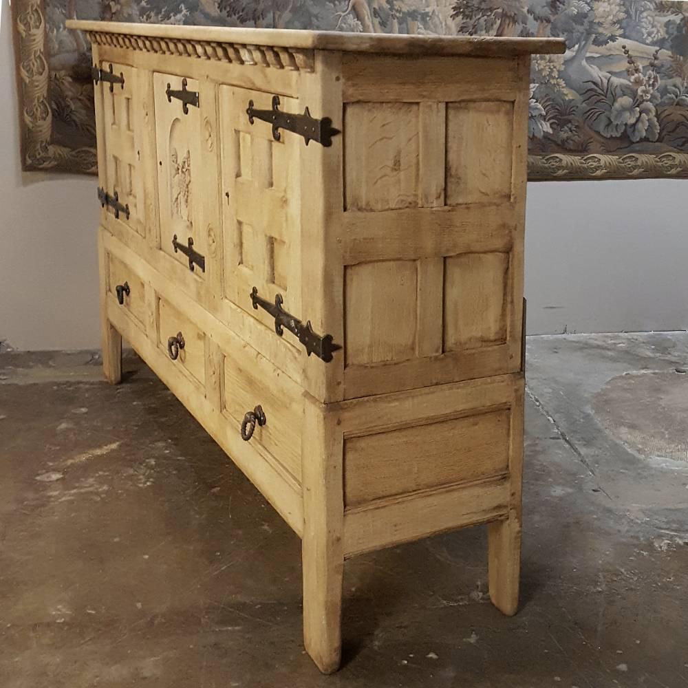 Belgian Antique Rustic Stripped Oak Gothic Raised Buffet with Forged Iron Hardware