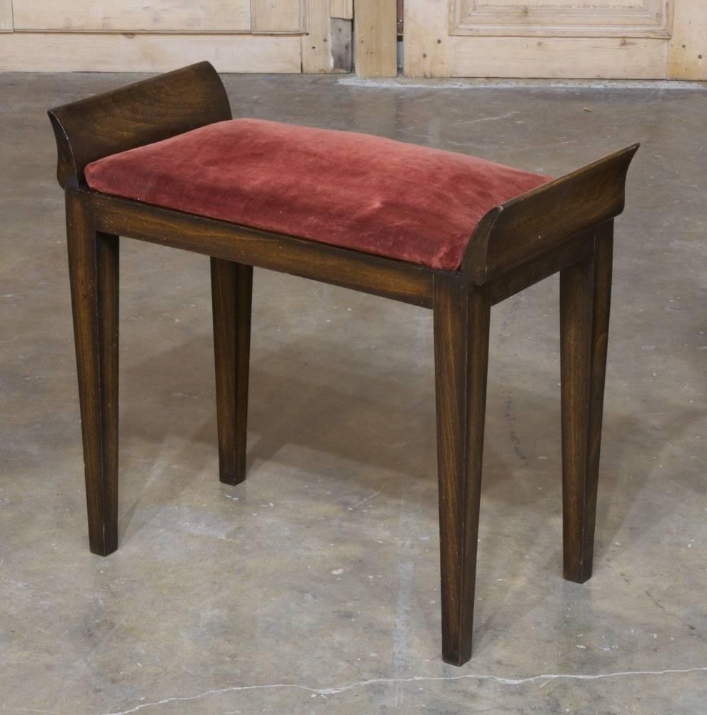 Mid-Century Modern Pair of Mid-Century French Walnut Stools ~ Benches with Velvet Cushions