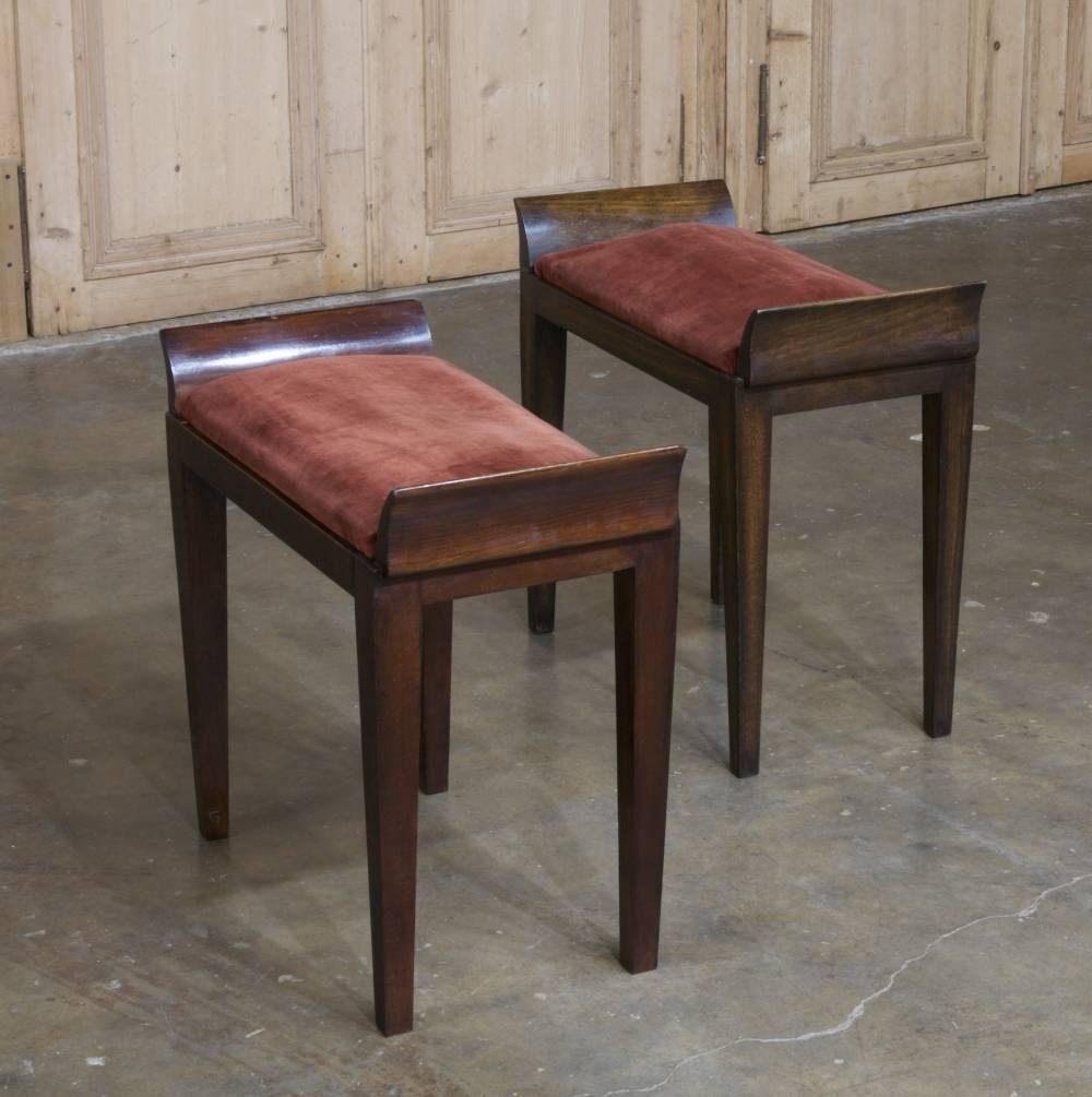 Hand-Crafted Pair of Mid-Century French Walnut Stools ~ Benches with Velvet Cushions