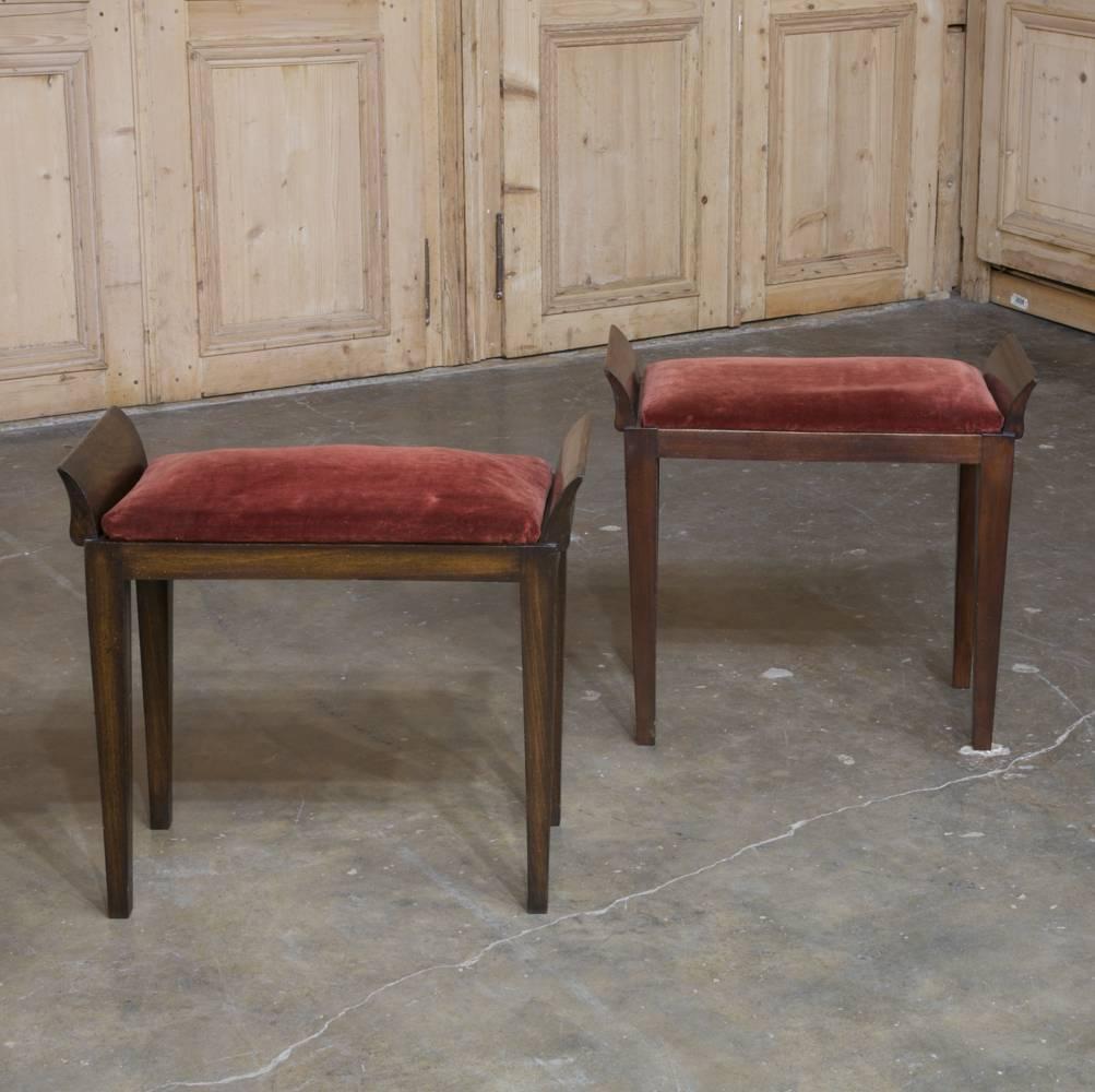 This pair of French walnut Mid-Century stools ~ benches are ideal for the living room, master bath or bedroom where a little symmetry is desired.
circa mid-1900s.
Each measures 21 H x 23.5 W x 11.5 D - seat 19.5 H.