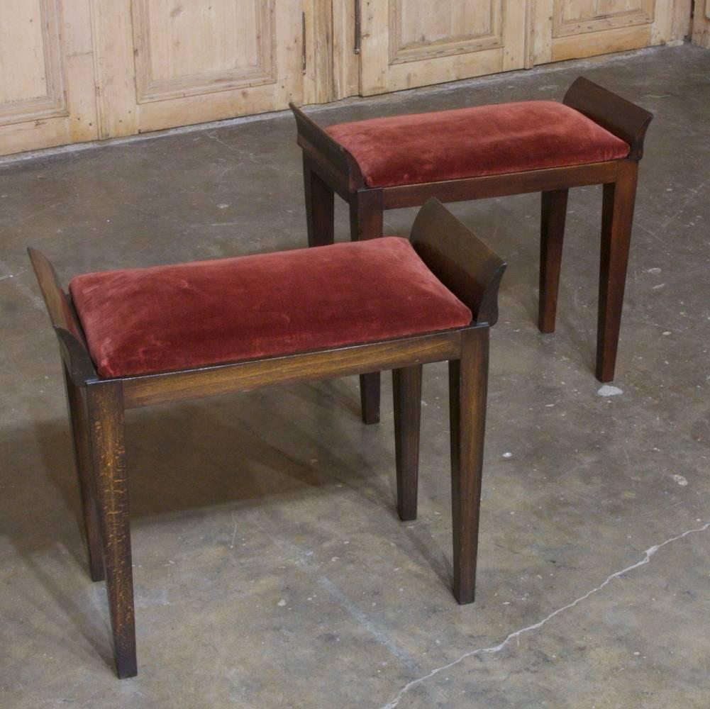 Pair of Mid-Century French Walnut Stools ~ Benches with Velvet Cushions In Excellent Condition In Dallas, TX