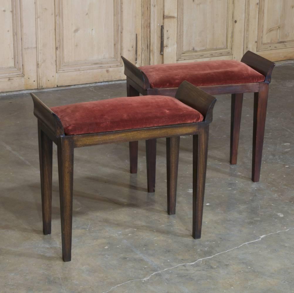 20th Century Pair of Mid-Century French Walnut Stools ~ Benches with Velvet Cushions